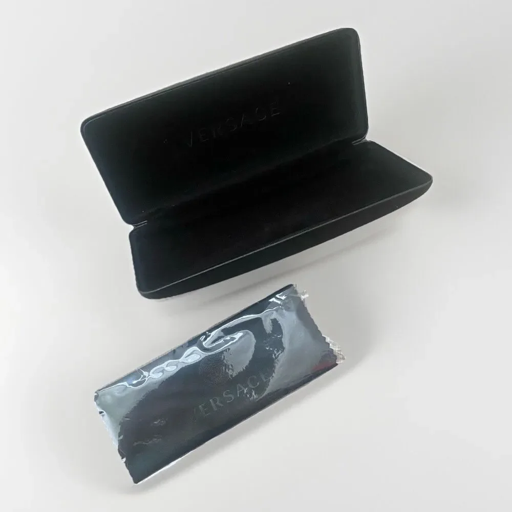 Versace NEW Logo Sunglasses Glasses Case Black Leather Cleaning Cloth Designer